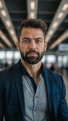 Fototapeta premium retrato hombre apuesto con barba en el aeropuerto viaje de negocios