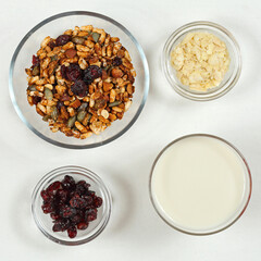 Healthy Mix of Muesli Granola With Almond Flakes Cranberry and Milk Bowl Top View