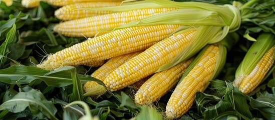 A close-up of a heap of corncobs nestled among vibrant green foliage, showcasing the display at a market sale, ideal as a background for advertisements and text with copy space image.