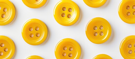 Fototapeta premium Numerous vibrant yellow buttons set against a white backdrop, ideal for sewing projects. Ample space available for overlaying text or images.