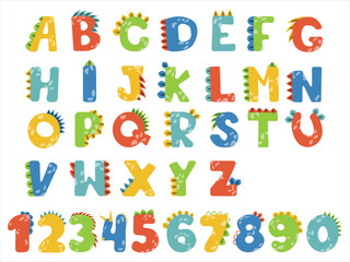 Bright numbers and letters are designed as baby dinosaurs. Dino, greeting card, sticker, banner, logo, badge, poster. Colorful doodles  isolated on a white background. 