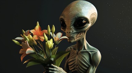 A grey alien with large eyes is smelling a bouquet of flowers.