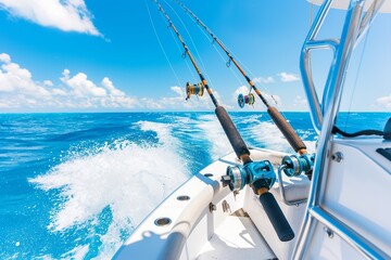 Deep Sea Fishing Adventure: Fishing Rods and Reels on Boat Against Blue Ocean