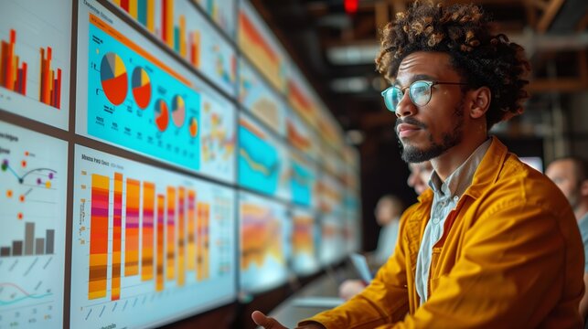 Man Reviewing Data Charts on Large Screen Displays