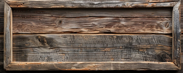 Obraz premium A rustic wooden picture frame with a barn wood finish, set on a reclaimed wooden background. The natural imperfections and textures of both the frame and background evoke a cozy, farmhouse feel.