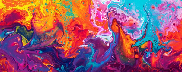 A vibrant mix of liquid acrylic paint in neon colors, creating a lively, swirling texture. The bright colors flow and merge, forming intricate patterns and striking contrasts.