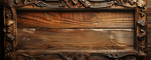 A rustic wooden picture frame with intricate carvings, set against a rich, dark wooden background. The texture of the frame and the grain of the wood create a harmonious and vintage aesthetic.