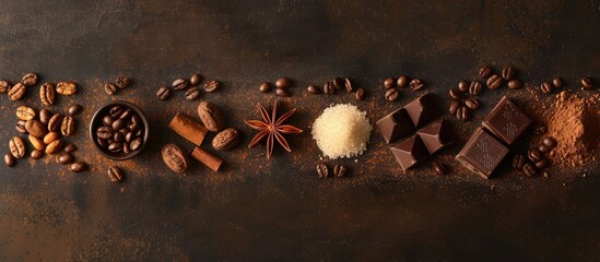An aesthetically pleasing composition featuring a variety of elements such as coffee beans, chocolate, brown sugar, and star anise laid out on a backdrop with copy space, photographed from above.
