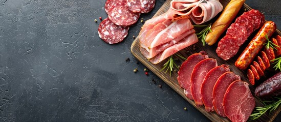 Flat lay of various sliced meat products on a cutting board, displayed on a table with room for text, as a copy space image.