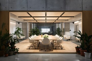 Fototapeta premium Modern conference room with wooden table and indoor plants