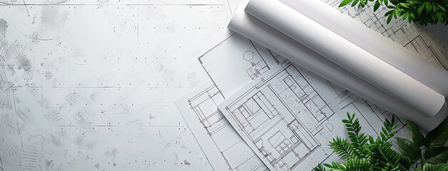 a wide angled horizontal flat lay closeup photo of an architectural blueprint drawings and drawing roles on a table