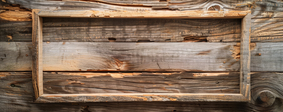 A rustic wooden picture frame with a barn wood finish, set on a reclaimed wooden background. The natural imperfections and textures of both the frame and background evoke a cozy, farmhouse feel.