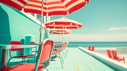 Vibrant Retro Beachside Caf with Colorful Seating and Summer Atmosphere
