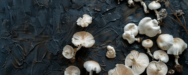 Fototapeta premium An artistic arrangement of mushrooms on a dark, textured background, their caps in shades of white and cream. The delicate details and natural forms create a visually appealing scene.