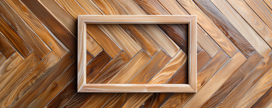 A simple, natural wooden picture frame with a matte finish, placed on a chevron-patterned wooden background. The geometric design of the background adds a contemporary touch to the composition.