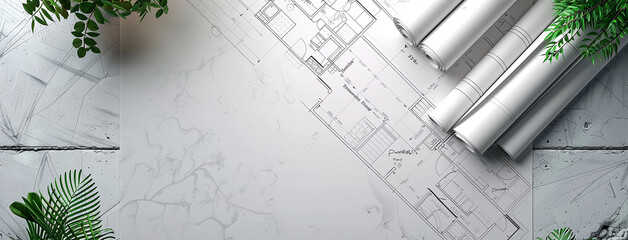 a wide angled horizontal flat lay closeup photo of an architectural blueprint drawings and drawing roles on a table