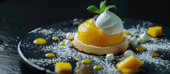 A delectable mango dessert with lemon sorbet, cream, small meringue, mint rests on a black background, creating an elegant composition with copy space image.