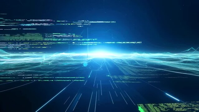 Code snippets scrolling across the screen against a sleek, futuristic background