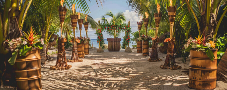 A traditional beach podium with tiki torches, bamboo decorations, and a luau setup. Use rich, tropical colors and natural textures for an authentic island feel.