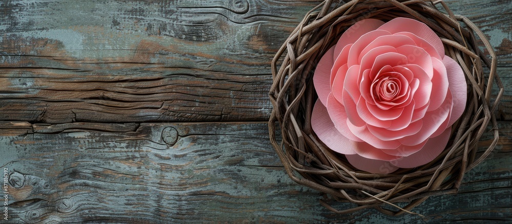 Wall mural A pink paper rose is displayed in a wicker basket on weathered wood with ample copy space for text or other design elements.