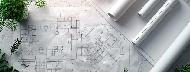 a wide angled horizontal flat lay closeup photo of an architectural blueprint drawings and drawing roles on a table