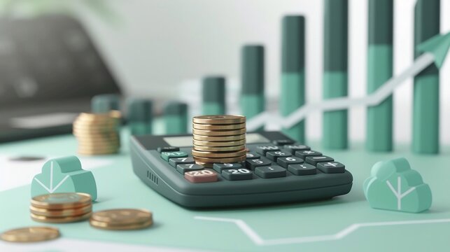 Calcolatrice minimale 3D con sopra monete in pila. Concetto di rendering vettoriale di gestione finanziaria.