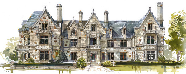 An architectural sketch of a historic British manor house, with ornate stonework, symmetrical design, and manicured gardens. The white background highlights the elegance and historical significance of