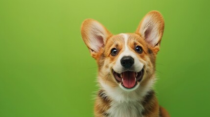 Cucciolo di corgi su uno sfondo verde, con spazio per il testo. 