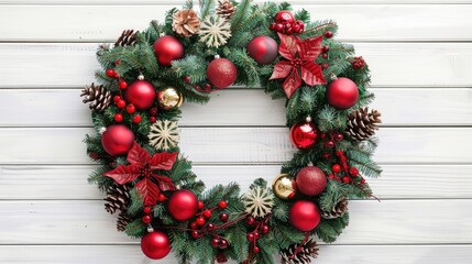 Christmas wreath garland with traditional symbols on white wood background