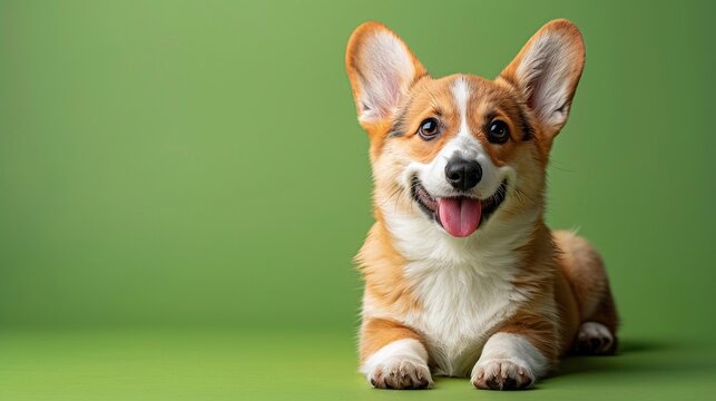Cucciolo di corgi su uno sfondo verde, con spazio per il testo. 