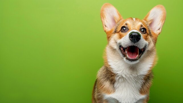 Cucciolo di corgi su uno sfondo verde, con spazio per il testo. 
