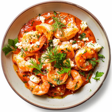 A plate of Greek garides saganaki, shrimp cooked in a tomato and feta cheese sauce, garnished with fresh herbs, isolated on white background.