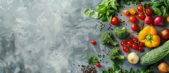 Composition featuring various fresh vegetables arranged on a grey table, accompanied by a designated area for adding text in the image. Copy space image. Place for adding text and design