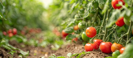 Cherry tomatoes are planted in a vegetable garden with a lush organic tomato plantation in the background, providing a vibrant setting for a copy space image.