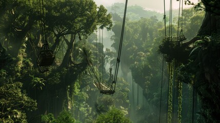 A rainforest with vines that act as swings, transporting people from tree to tree. 