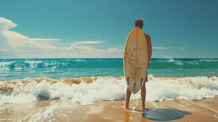 Un turista sta con una tavola da surf sulla spiaggia rivolto verso il mare
