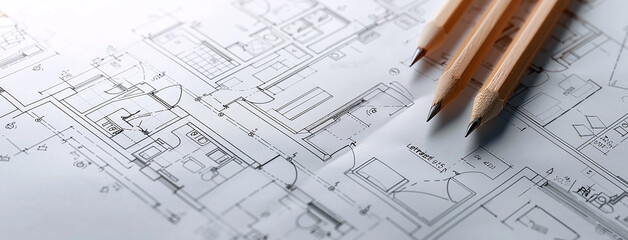 detailed closeup wide horizontal photo of yellow color drawing pencils on a architectural layout plan blueprint drawing on a table 