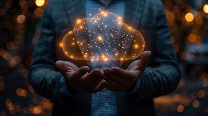 A businessman holds a luminous cloud in his hands, symbolizing powerful cloud computing capabilities that connect the digital world.