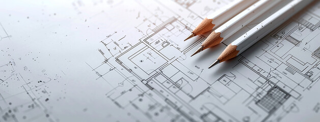 detailed closeup wide horizontal photo of white color drawing pencils on a architectural layout plan blueprint drawing on a table 
