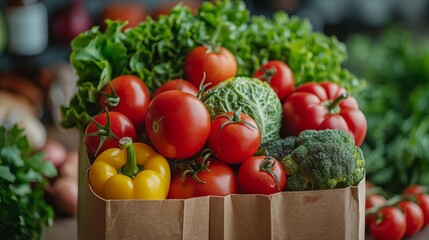 A bountiful assortment of fresh, colorful vegetables overflows from a paper bag, symbolizing health and natural abundance.