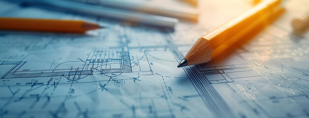 detailed closeup wide horizontal photo of yellow color drawing pencils on a architectural layout plan blueprint drawing on a table 