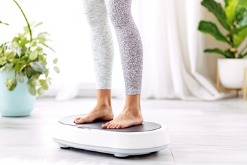 Woman Exercising on a Vibration Plate at Home Fitness Space