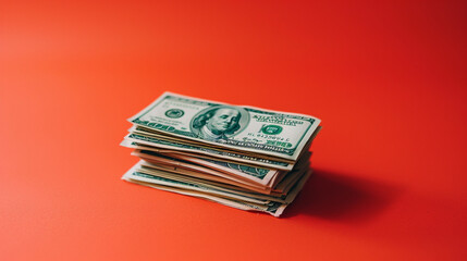 a stack of dollar money on red background 