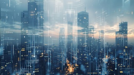 crypto robotics AI matrix data visualization with futuristic skyscrapers double exposure in silver dark blue gray color palette