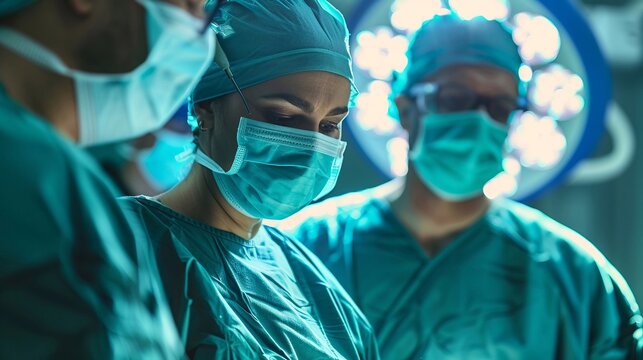 Chirurgo durante un'operazione critica, con i colleghi che assistono e monitorano i segni vitali 