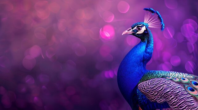 Un pavone su uno sfondo viola con sfumature tonde rosate, con spazio per il testo