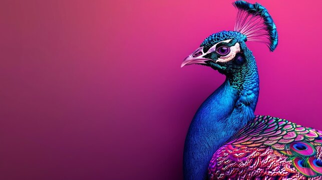 Un pavone su uno sfondo viola, con spazio per il testo