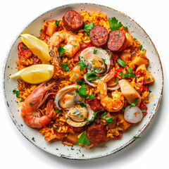 A plate of Spanish paella, with saffron-infused rice, seafood, and chorizo, garnished with lemon wedges and parsley, isolated on white background.