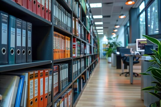 Office library with financial literature and reports, office area, resource center for equity research