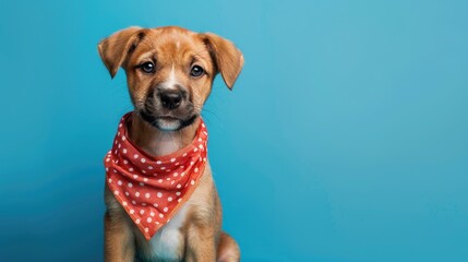 Adorable mixed breed puppy wearing bandana posing in blue studio